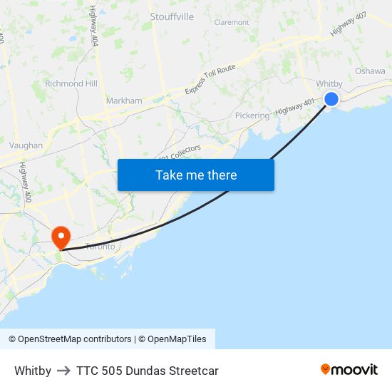 Whitby to TTC 505 Dundas Streetcar map