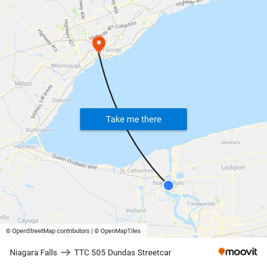 Niagara Falls to TTC 505 Dundas Streetcar map