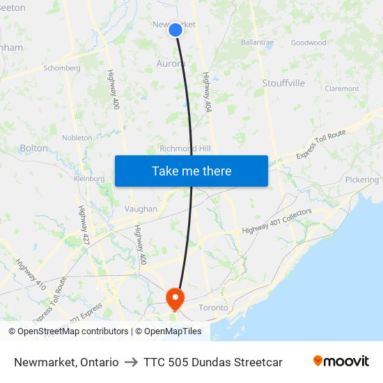 Newmarket, Ontario to TTC 505 Dundas Streetcar map