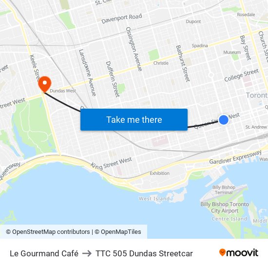 Le Gourmand Café to TTC 505 Dundas Streetcar map