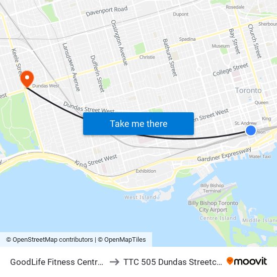 GoodLife Fitness Centres to TTC 505 Dundas Streetcar map