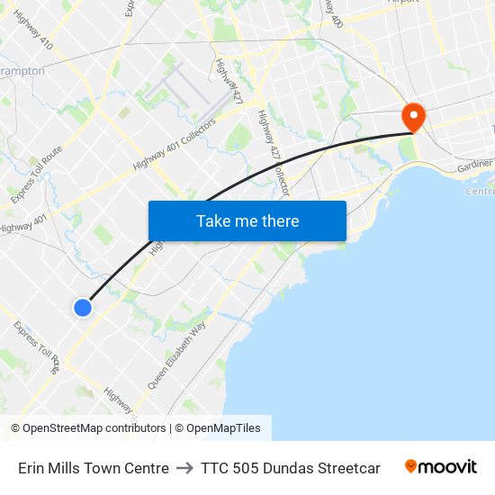 Erin Mills Town Centre to TTC 505 Dundas Streetcar map