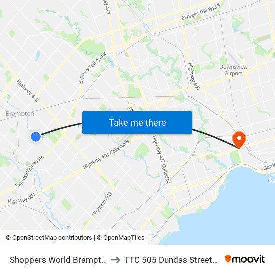 Shoppers World Brampton to TTC 505 Dundas Streetcar map