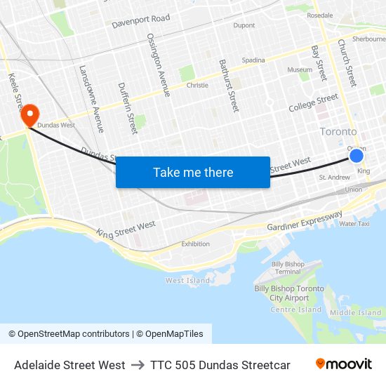 Adelaide Street West to TTC 505 Dundas Streetcar map