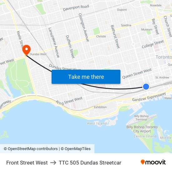 Front Street West to TTC 505 Dundas Streetcar map