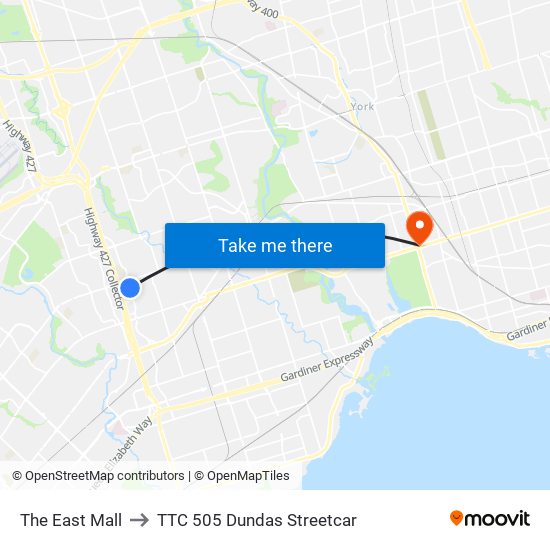 The East Mall to TTC 505 Dundas Streetcar map