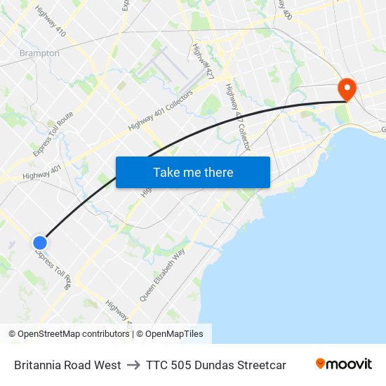 Britannia Road West to TTC 505 Dundas Streetcar map