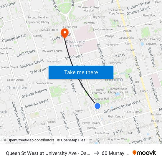 Queen St West at University Ave - Osgoode Station to 60 Murray Street map