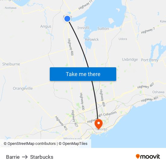 Barrie to Starbucks map
