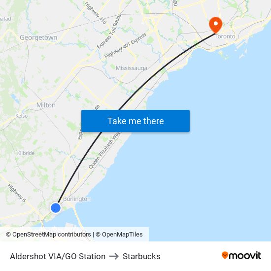 Aldershot VIA/GO Station to Starbucks map