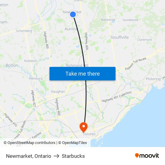 Newmarket, Ontario to Starbucks map