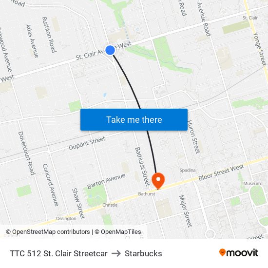 TTC 512 St. Clair Streetcar to Starbucks map