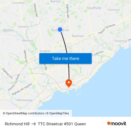 Richmond Hill to TTC Streetcar #501 Queen map