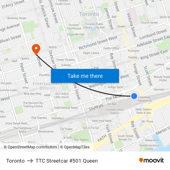 Toronto to TTC Streetcar #501 Queen map