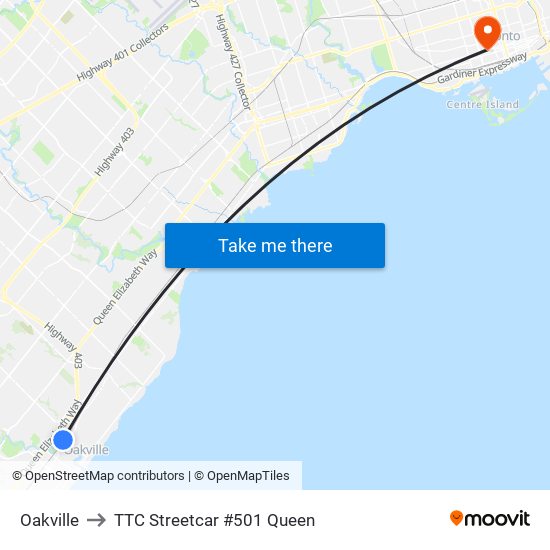 Oakville to TTC Streetcar #501 Queen map