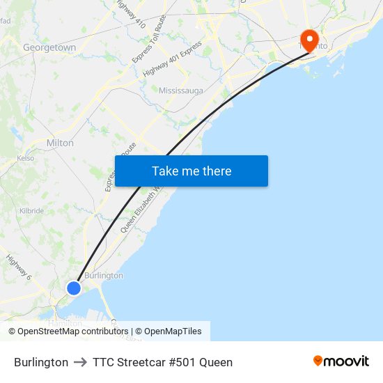 Burlington to TTC Streetcar #501 Queen map