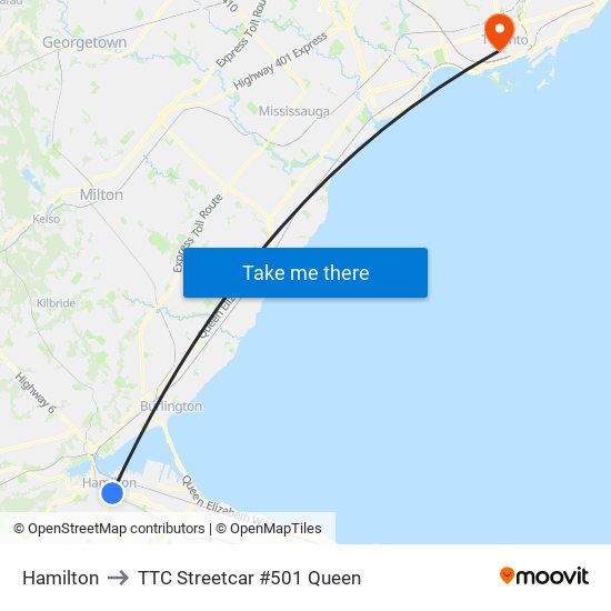 Hamilton to TTC Streetcar #501 Queen map