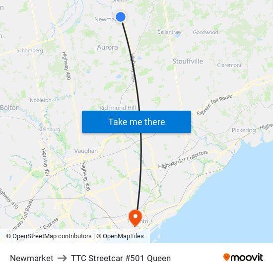 Newmarket to TTC Streetcar #501 Queen map