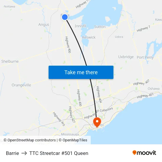 Barrie to TTC Streetcar #501 Queen map