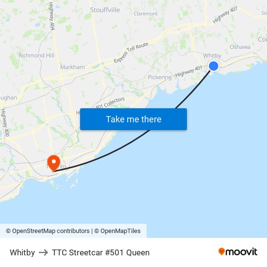 Whitby to TTC Streetcar #501 Queen map