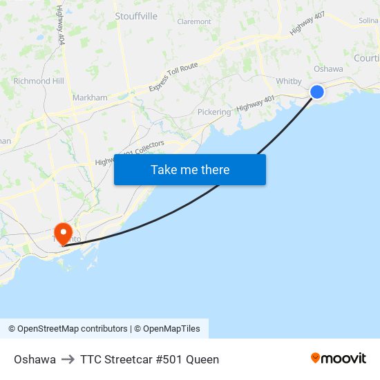 Oshawa to TTC Streetcar #501 Queen map