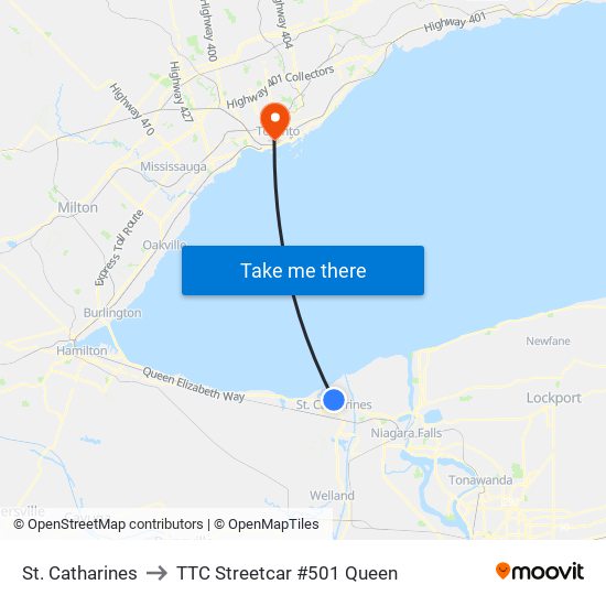 St. Catharines to TTC Streetcar #501 Queen map