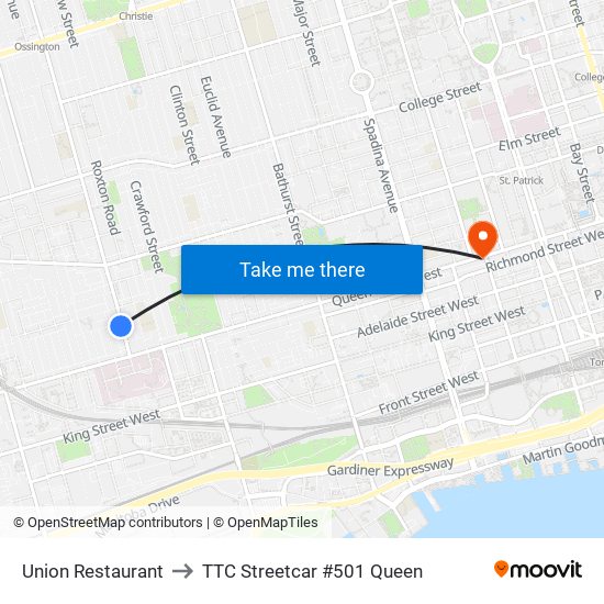 Union Restaurant to TTC Streetcar #501 Queen map