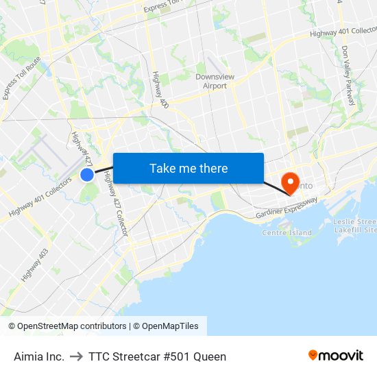Aimia Inc. to TTC Streetcar #501 Queen map