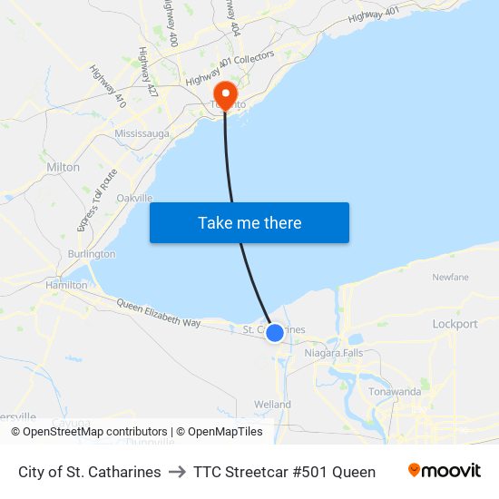 City of St. Catharines to TTC Streetcar #501 Queen map