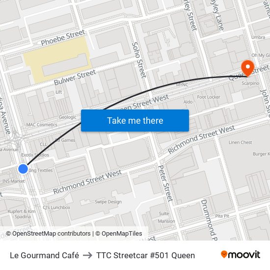 Le Gourmand Café to TTC Streetcar #501 Queen map