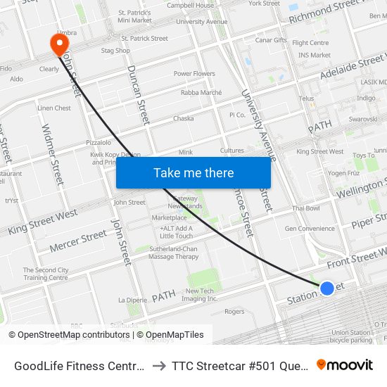 GoodLife Fitness Centres to TTC Streetcar #501 Queen map