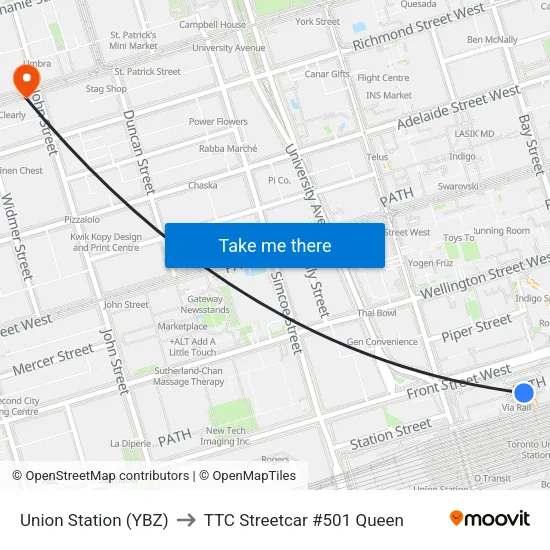 Union Station (YBZ) to TTC Streetcar #501 Queen map