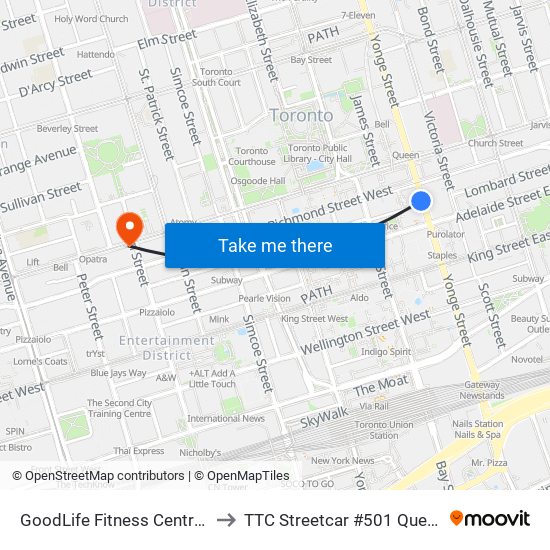 GoodLife Fitness Centres to TTC Streetcar #501 Queen map