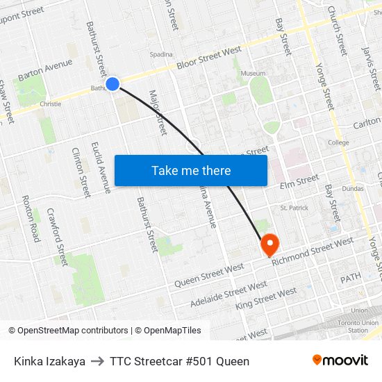 Kinka Izakaya to TTC Streetcar #501 Queen map