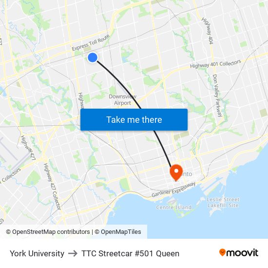 York University to TTC Streetcar #501 Queen map