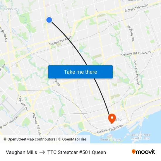 Vaughan Mills to TTC Streetcar #501 Queen map