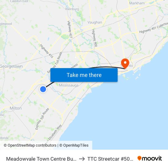 Meadowvale Town Centre Bus Terminal to TTC Streetcar #501 Queen map