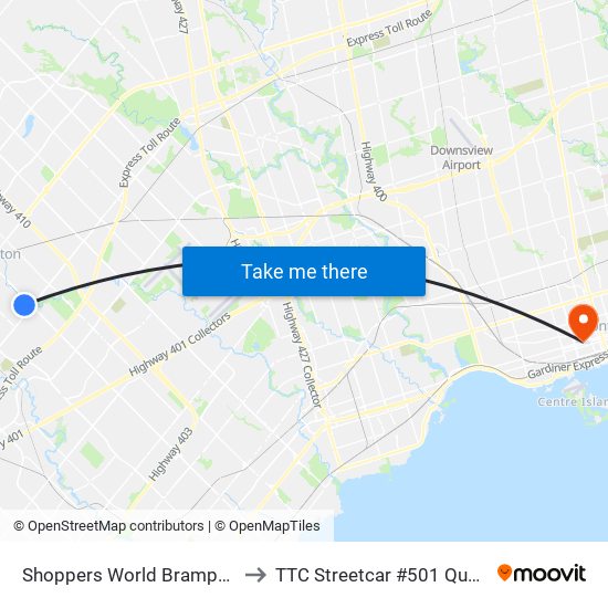Shoppers World Brampton to TTC Streetcar #501 Queen map