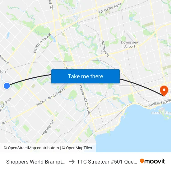 Shoppers World Brampton to TTC Streetcar #501 Queen map