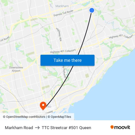 Markham Road to TTC Streetcar #501 Queen map