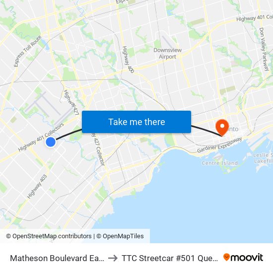 Matheson Boulevard East to TTC Streetcar #501 Queen map