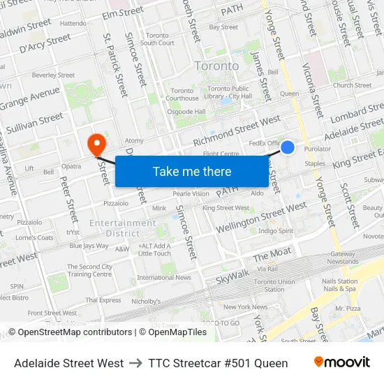 Adelaide Street West to TTC Streetcar #501 Queen map