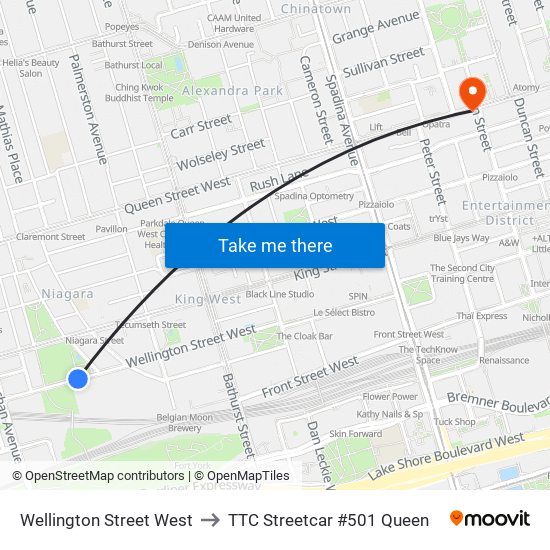 Wellington Street West to TTC Streetcar #501 Queen map