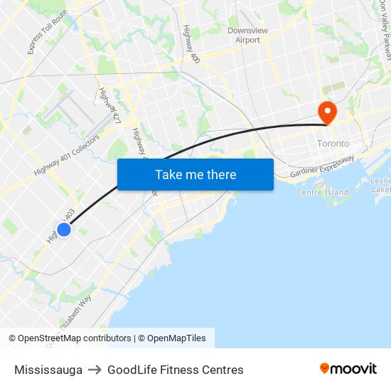 Mississauga to GoodLife Fitness Centres map