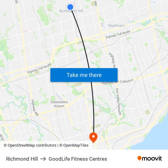 Richmond Hill to GoodLife Fitness Centres map