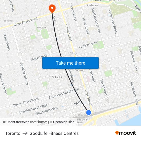 Toronto to GoodLife Fitness Centres map