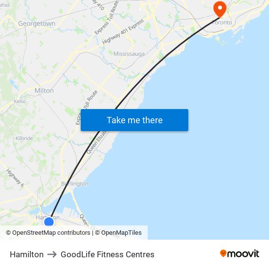 Hamilton to GoodLife Fitness Centres map
