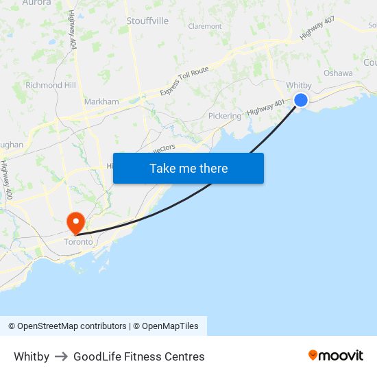 Whitby to GoodLife Fitness Centres map