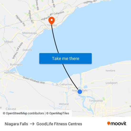 Niagara Falls to GoodLife Fitness Centres map