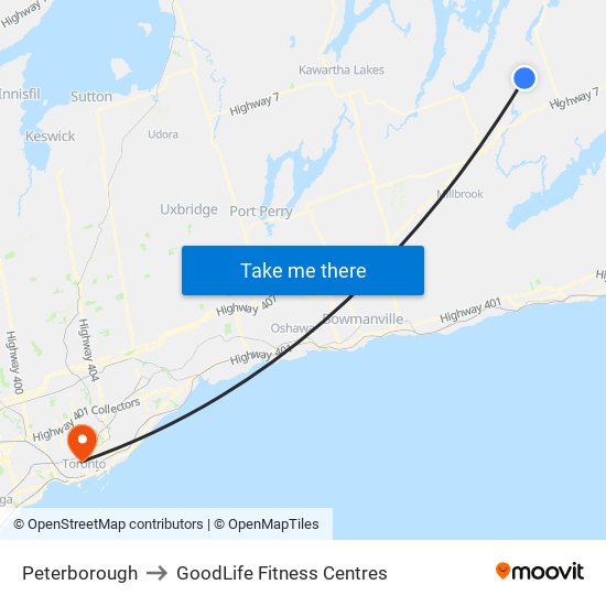 Peterborough to GoodLife Fitness Centres map